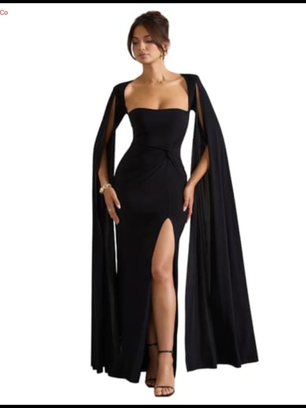 Flowy Cloak Sleeve Ruched High Slit Maxi Wedding Guest Dress